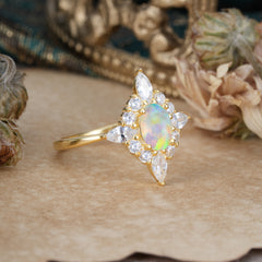 4 Prong Vintage 1 Carat Oval Cut Cluster Opal Engagement Ring