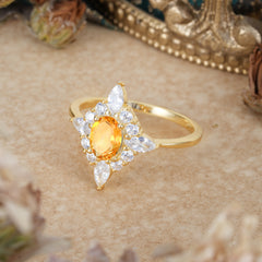 4 Prong Vintage 1 Carat Oval Cut Cluster Citrine Engagement Ring