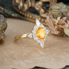 4 Prong Vintage 1 Carat Oval Cut Cluster Citrine Engagement Ring