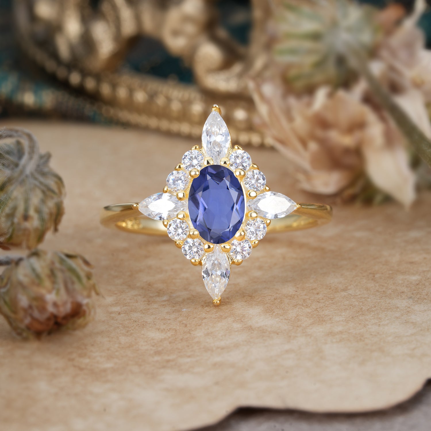 4 Prong Vintage 1 Carat Oval Cut Cluster Tanzanite Engagement Ring - Romalar Jewelry