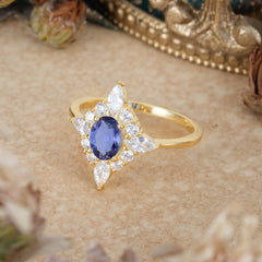 4 Prong Vintage 1 Carat Oval Cut Cluster Tanzanite Engagement Ring