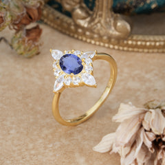 4 Prong Vintage 1 Carat Oval Cut Cluster Tanzanite Engagement Ring