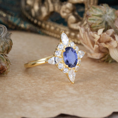 4 Prong Vintage 1 Carat Oval Cut Cluster Tanzanite Engagement Ring