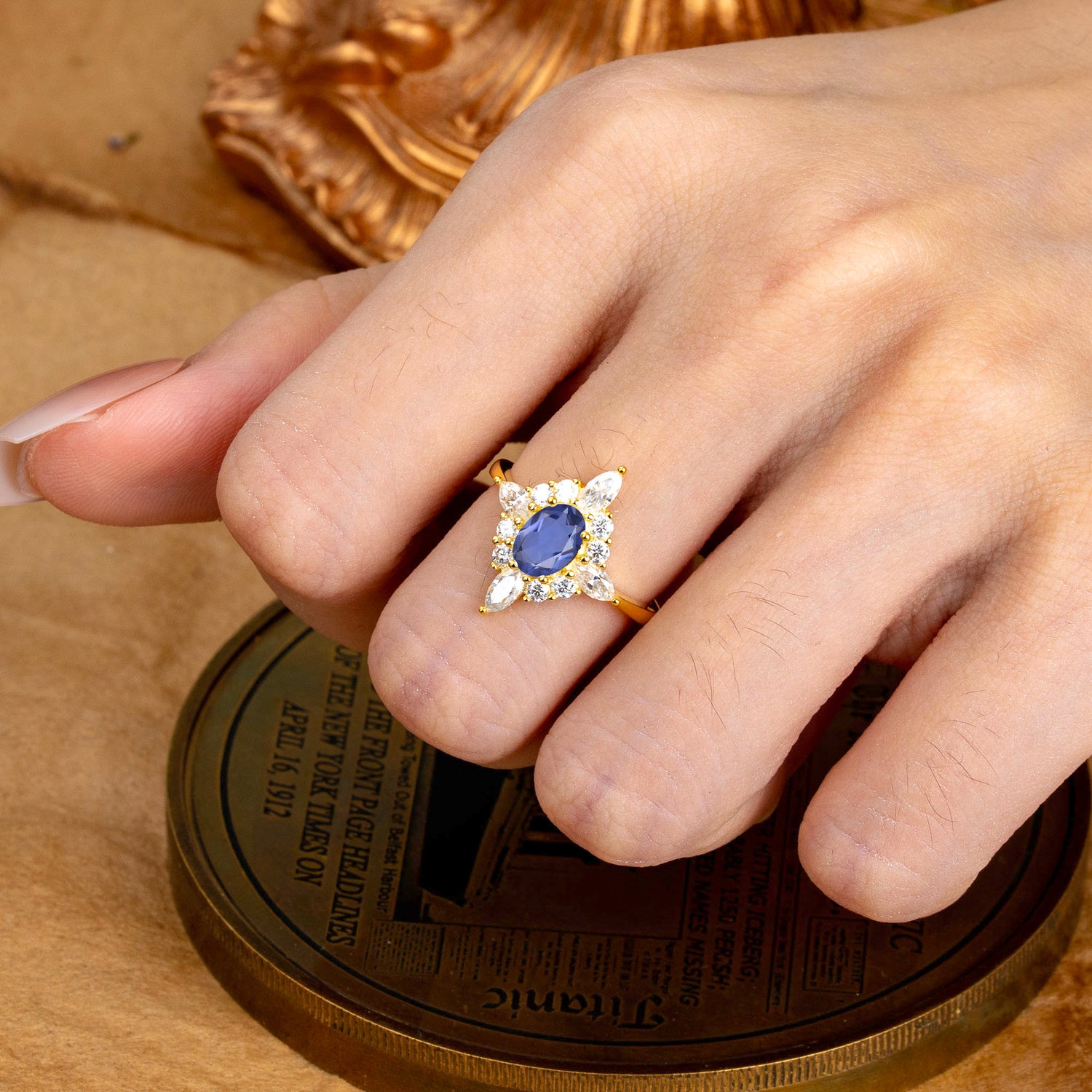 4 Prong Vintage 1 Carat Oval Cut Cluster Tanzanite Engagement Ring - Romalar Jewelry