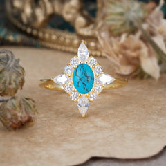 4 Prong Vintage 1 Carat Oval Cut Cluster Turquoise Engagement Ring