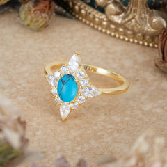 4 Prong Vintage 1 Carat Oval Cut Cluster Turquoise Engagement Ring