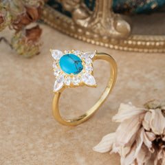 4 Prong Vintage 1 Carat Oval Cut Cluster Turquoise Engagement Ring