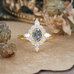 4 Prong Vintage 1 Carat Oval Cut Cluster Black Rutilated Quartz Engagement Ring