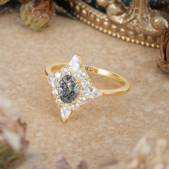 4 Prong Vintage 1 Carat Oval Cut Cluster Black Rutilated Quartz Engagement Ring