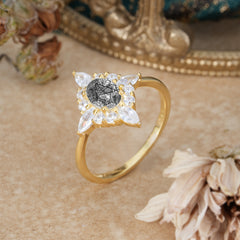 4 Prong Vintage 1 Carat Oval Cut Cluster Black Rutilated Quartz Engagement Ring