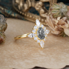 4 Prong Vintage 1 Carat Oval Cut Cluster Black Rutilated Quartz Engagement Ring