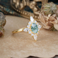 Vintage 1 Carat Oval Cut Cluster Moss Agate Engagement Ring