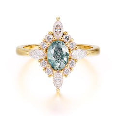 Vintage 1 Carat Oval Cut Cluster Moss Agate Engagement Ring
