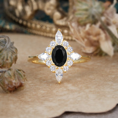4 Prong Vintage 1 Carat Oval Cut Cluster Black Onyx Engagement Ring