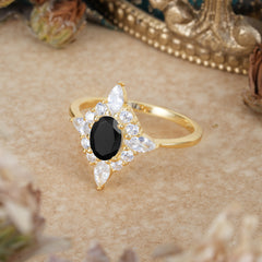 4 Prong Vintage 1 Carat Oval Cut Cluster Black Onyx Engagement Ring