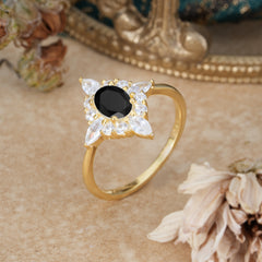 4 Prong Vintage 1 Carat Oval Cut Cluster Black Onyx Engagement Ring