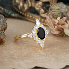 4 Prong Vintage 1 Carat Oval Cut Cluster Black Onyx Engagement Ring