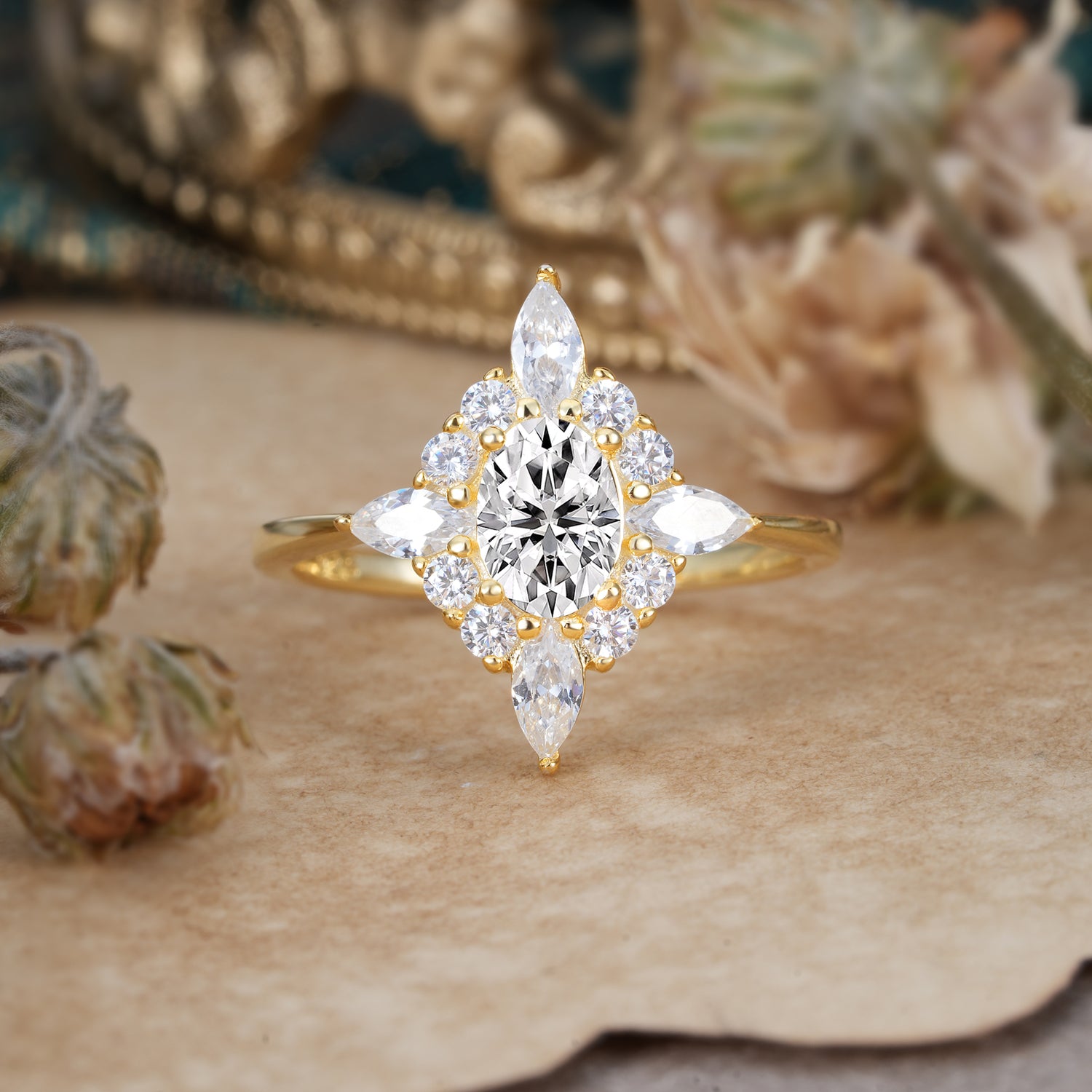 4 Prong Vintage 1 Carat Oval Cut Cluster Lab Diamond Engagement Ring