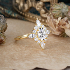 4 Prong Vintage 1 Carat Oval Cut Cluster Lab Diamond Engagement Ring