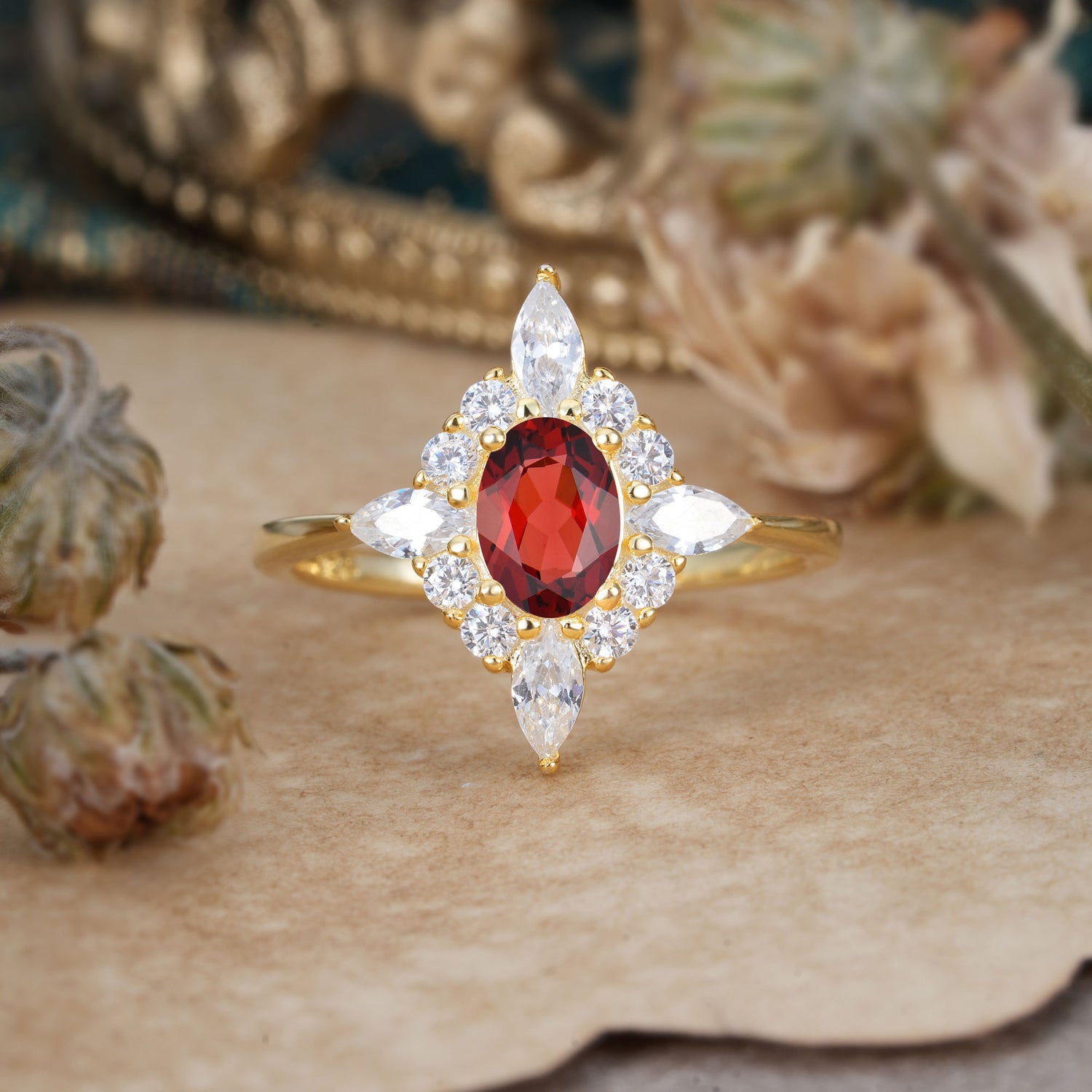 Vintage 1 Carat Oval Cut Cluster Garnet Engagement Ring - Romalar Jewelry