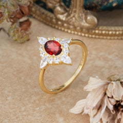 Vintage 1 Carat Oval Cut Cluster Garnet Engagement Ring