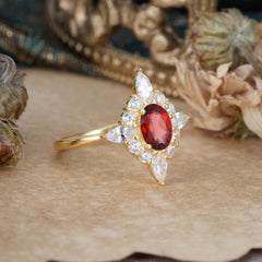 Vintage 1 Carat Oval Cut Cluster Garnet Engagement Ring