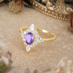 Vintage 1 Carat Oval Cut Cluster Amethyst Engagement Ring