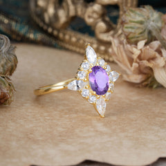 Vintage 1 Carat Oval Cut Cluster Amethyst Engagement Ring
