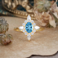 Vintage 1 Carat Oval Cut Cluster Aquamarine Engagement Ring