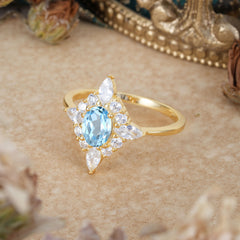 Vintage 1 Carat Oval Cut Cluster Aquamarine Engagement Ring