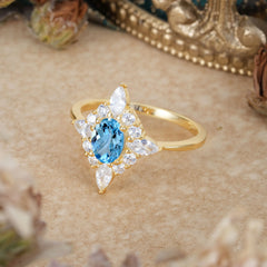 Vintage 1 Carat Oval Cut Cluster Aquamarine Engagement Ring