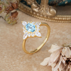 Vintage 1 Carat Oval Cut Cluster Aquamarine Engagement Ring