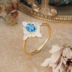 Vintage 1 Carat Oval Cut Cluster Aquamarine Engagement Ring