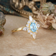 Vintage 1 Carat Oval Cut Cluster Aquamarine Engagement Ring