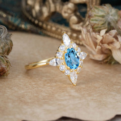 Vintage 1 Carat Oval Cut Cluster Aquamarine Engagement Ring