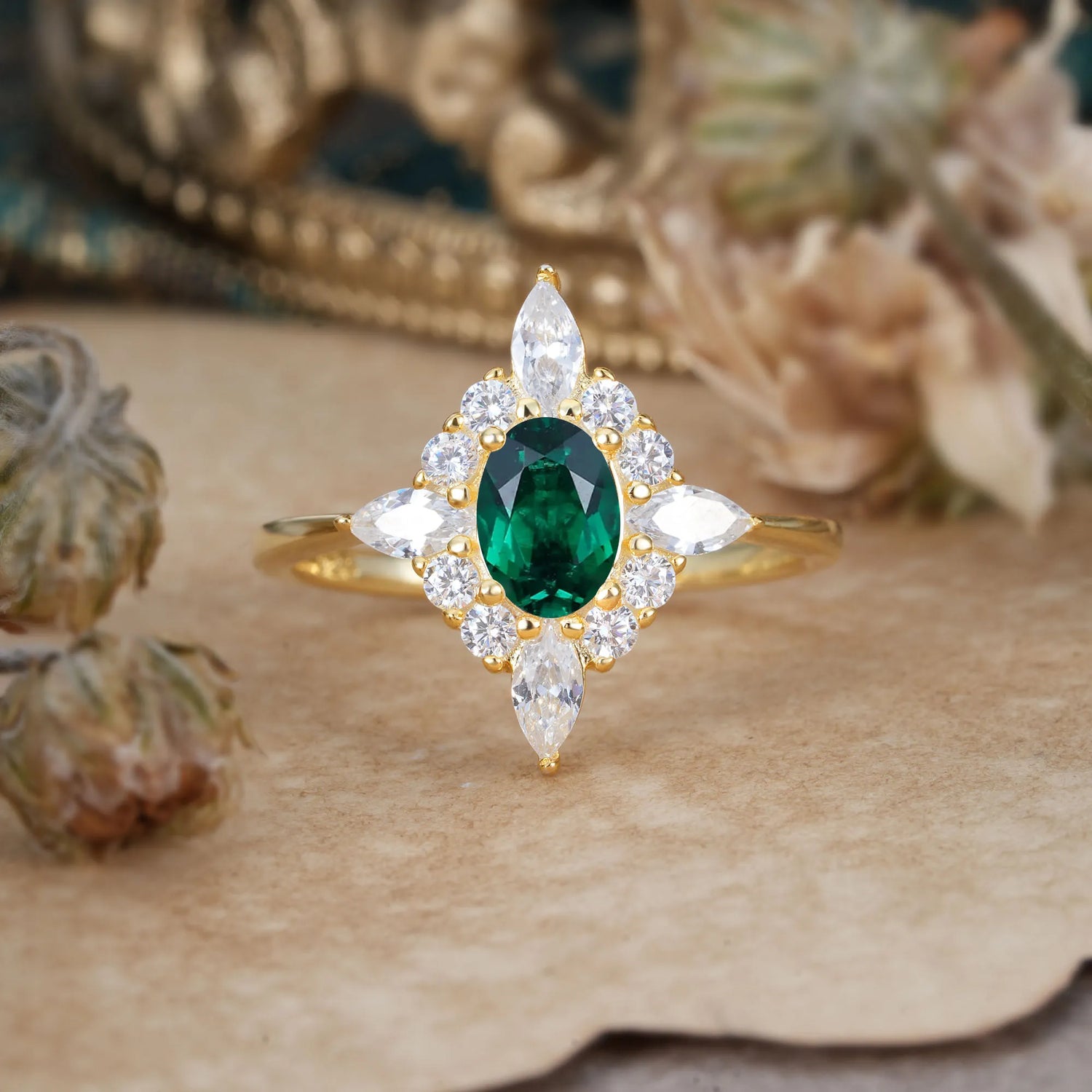Vintage 1 Carat Oval Cut Cluster Emerald Engagement Ring - Romalar Jewelry