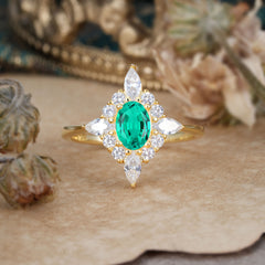 Vintage 1 Carat Oval Cut Cluster Emerald Engagement Ring