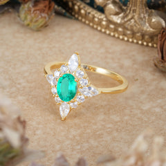 Vintage 1 Carat Oval Cut Cluster Emerald Engagement Ring