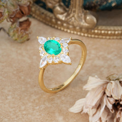 Vintage 1 Carat Oval Cut Cluster Emerald Engagement Ring