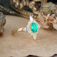 Vintage 1 Carat Oval Cut Cluster Emerald Engagement Ring