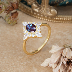 4 Prong Vintage 1 Carat Oval Cut Cluster Alexandrite Engagement Ring