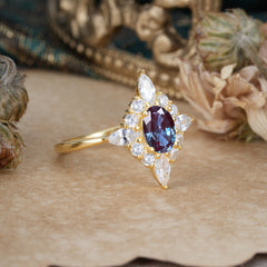 4 Prong Vintage 1 Carat Oval Cut Cluster Alexandrite Engagement Ring