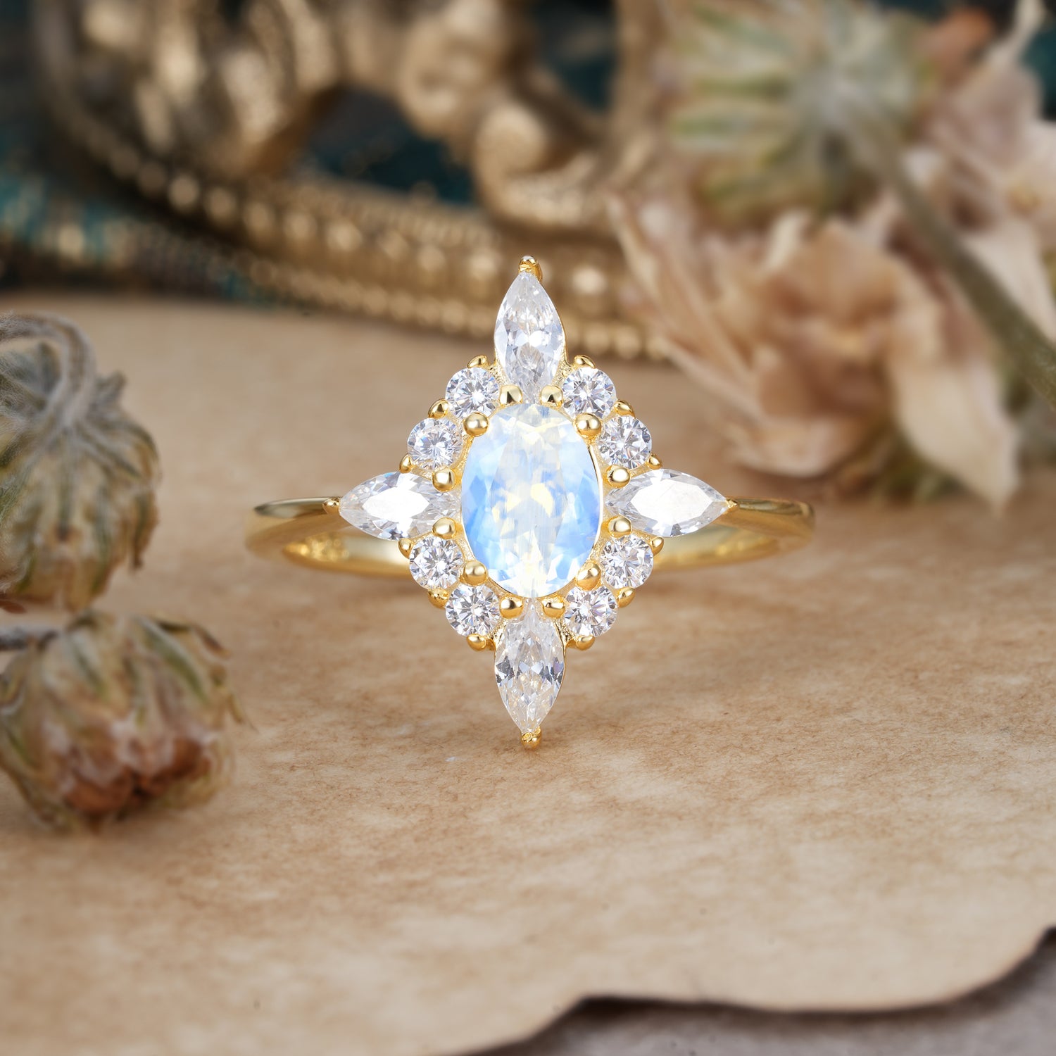 4 Prong Vintage 1 Carat Oval Cut Cluster Moonstone Engagement Ring - Romalar Jewelry