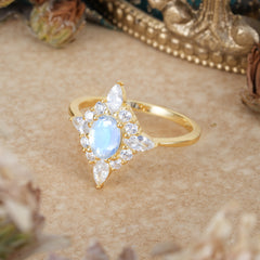 4 Prong Vintage 1 Carat Oval Cut Cluster Moonstone Engagement Ring