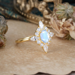 4 Prong Vintage 1 Carat Oval Cut Cluster Moonstone Engagement Ring