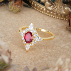 4 Prong Vintage 1 Carat Oval Cut Cluster Ruby Engagement Ring