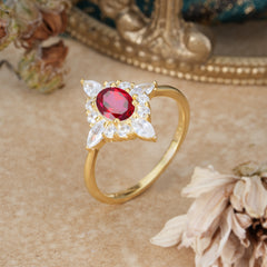 4 Prong Vintage 1 Carat Oval Cut Cluster Ruby Engagement Ring