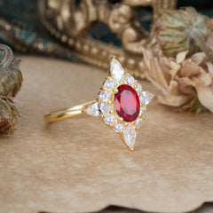 4 Prong Vintage 1 Carat Oval Cut Cluster Ruby Engagement Ring