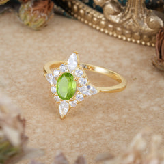 4 Prong Vintage 1 Carat Oval Cut Cluster Peridot Engagement Ring