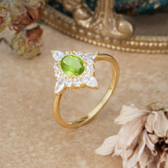 4 Prong Vintage 1 Carat Oval Cut Cluster Peridot Engagement Ring